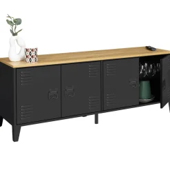 Buffet bas style industriel 4 portes métal noir et plateau bois 140 cm