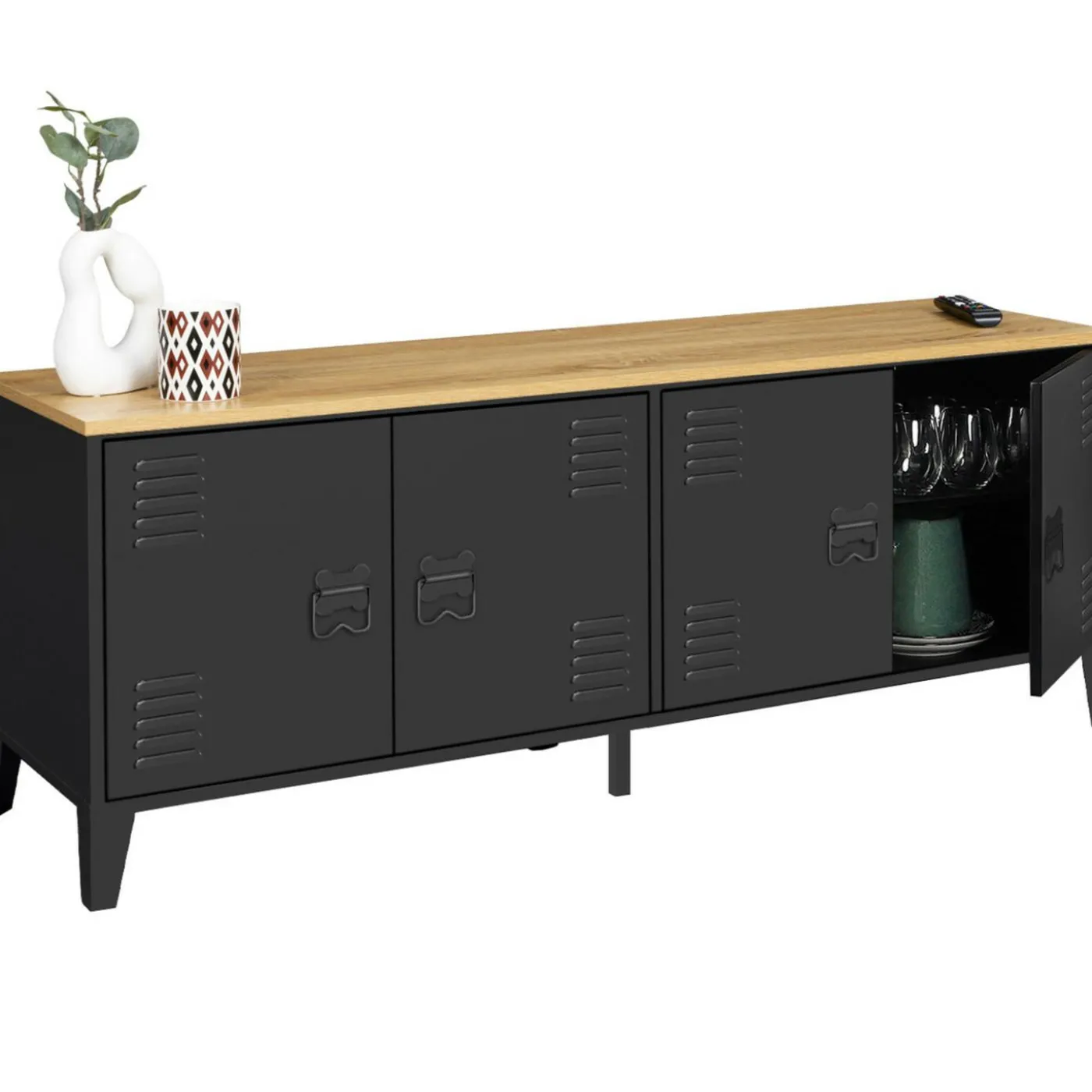 Buffet bas style industriel 4 portes métal noir et plateau bois 140 cm