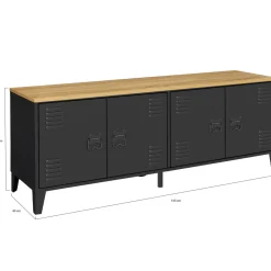 Buffet bas style industriel 4 portes métal noir et plateau bois 140 cm