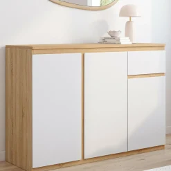 Buffet blanc et bois 100 cm 3 portes et 1 tiroir