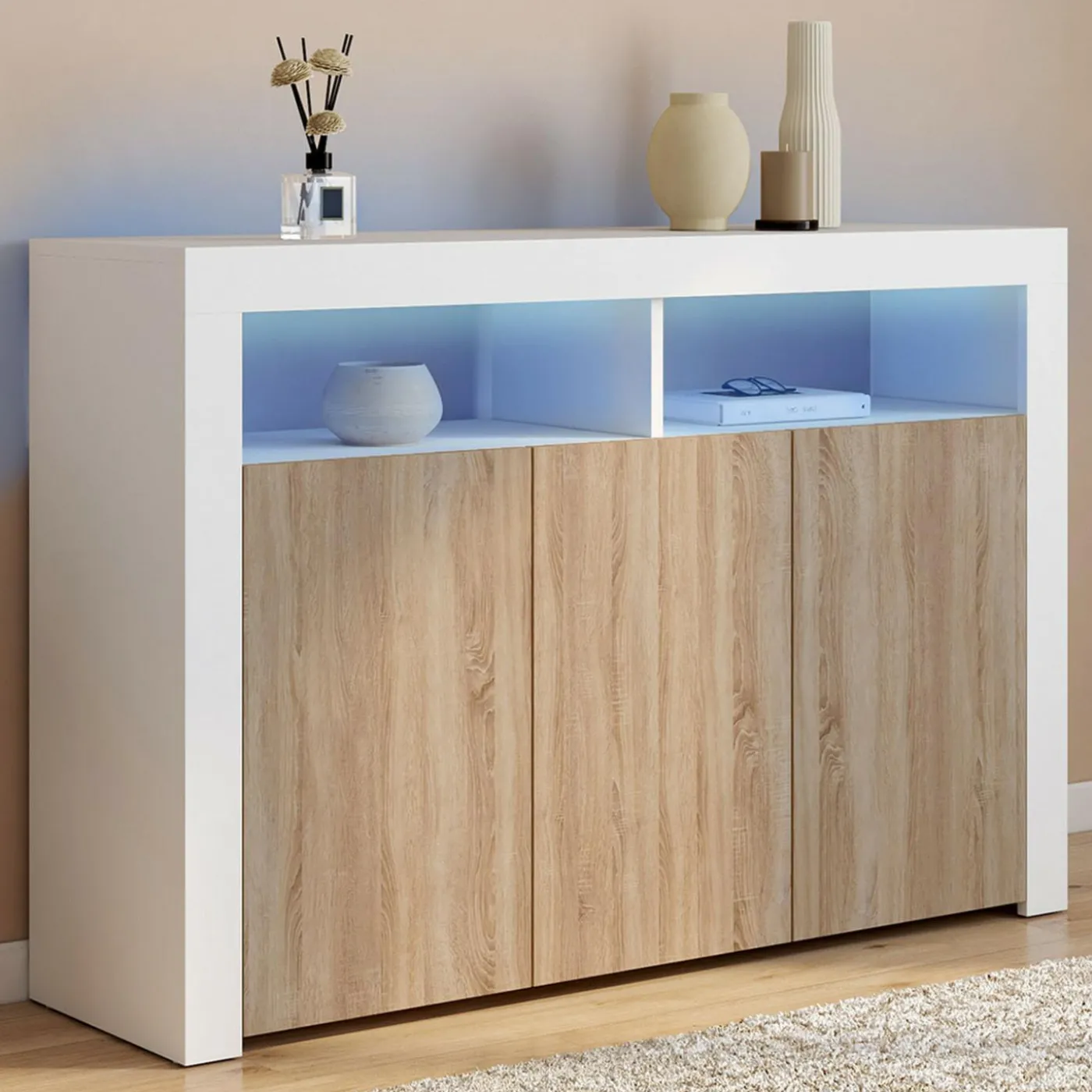 Buffet blanc et bois 3 portes avec LED