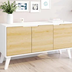 Buffet blanc et bois scandinave 3 portes 113 cm