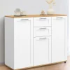 Buffet blanc et plateau bois 100 cm avec 3 portes et 2 tiroirs