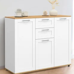 Buffet blanc et plateau bois 100 cm avec 3 portes et 2 tiroirs