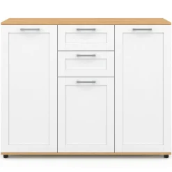 Buffet blanc et plateau bois 100 cm avec 3 portes et 2 tiroirs