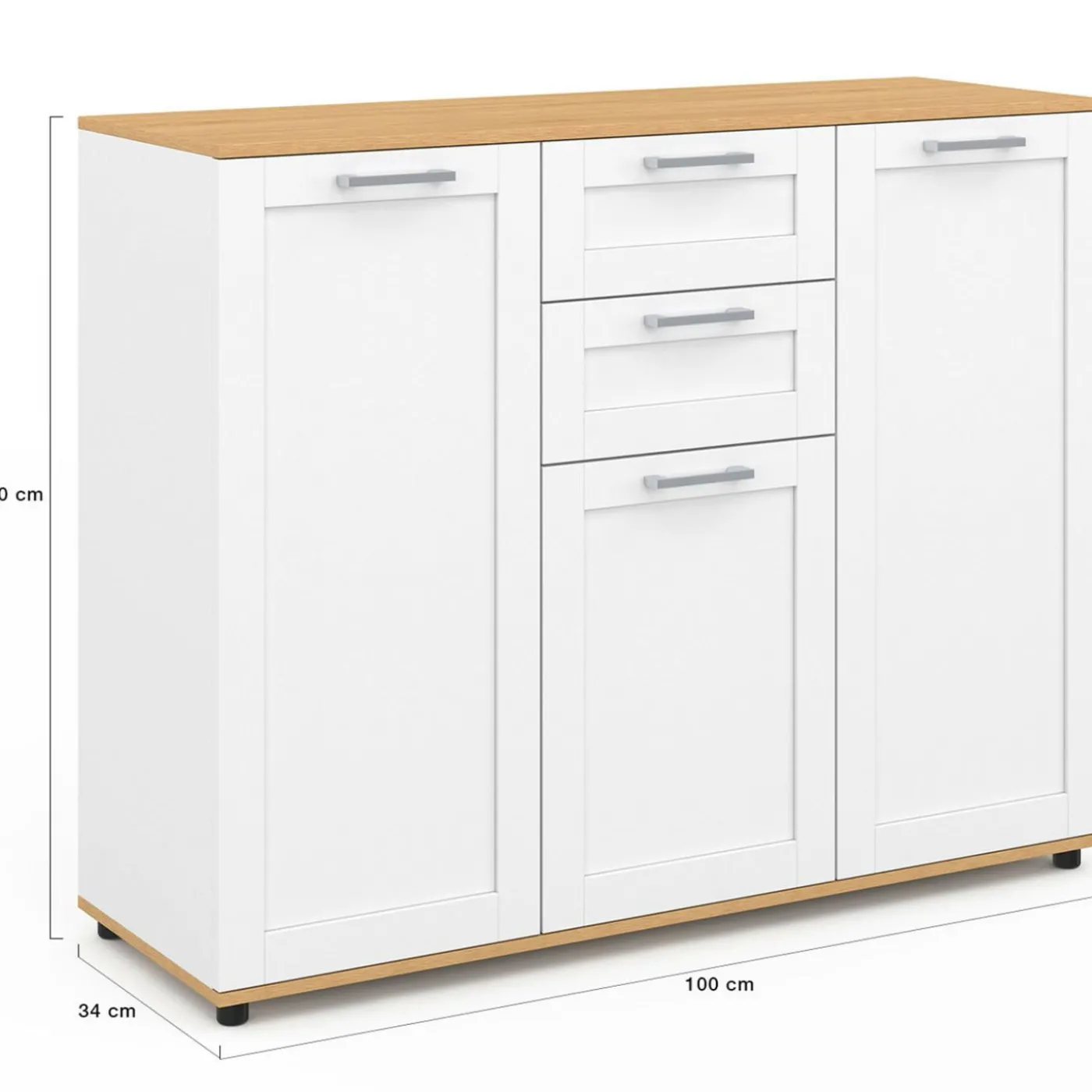 Buffet blanc et plateau bois 100 cm avec 3 portes et 2 tiroirs