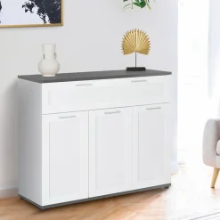 Buffet blanc et plateau gris 100 cm avec 3 portes et 1 tiroir