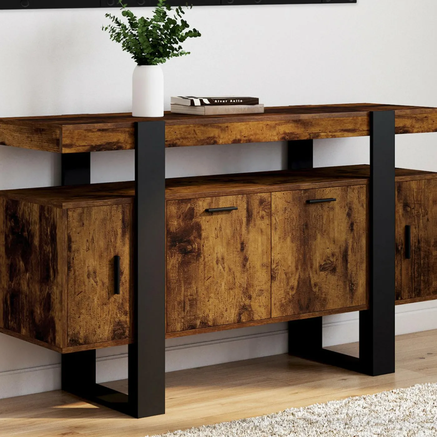 Buffet bois effet vieilli et noir 140 cm 4 portes