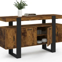 Buffet bois effet vieilli et noir 140 cm 4 portes
