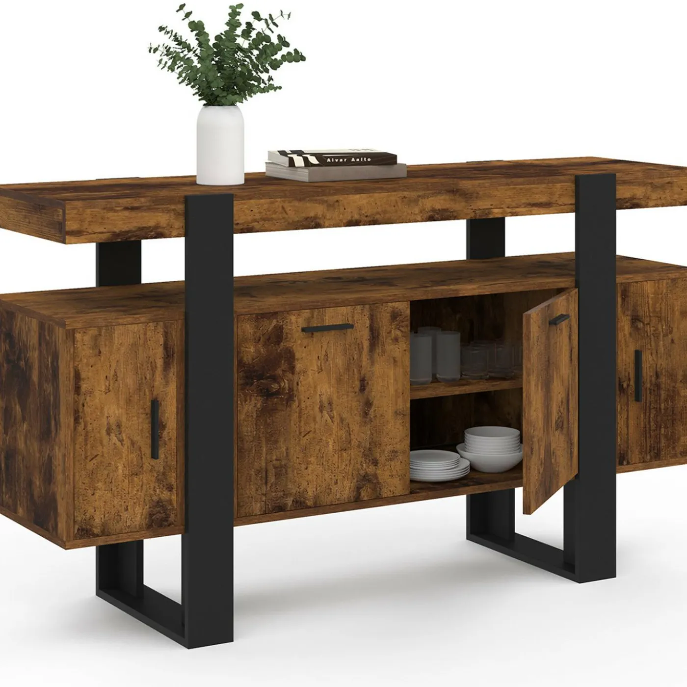 Buffet bois effet vieilli et noir 140 cm 4 portes