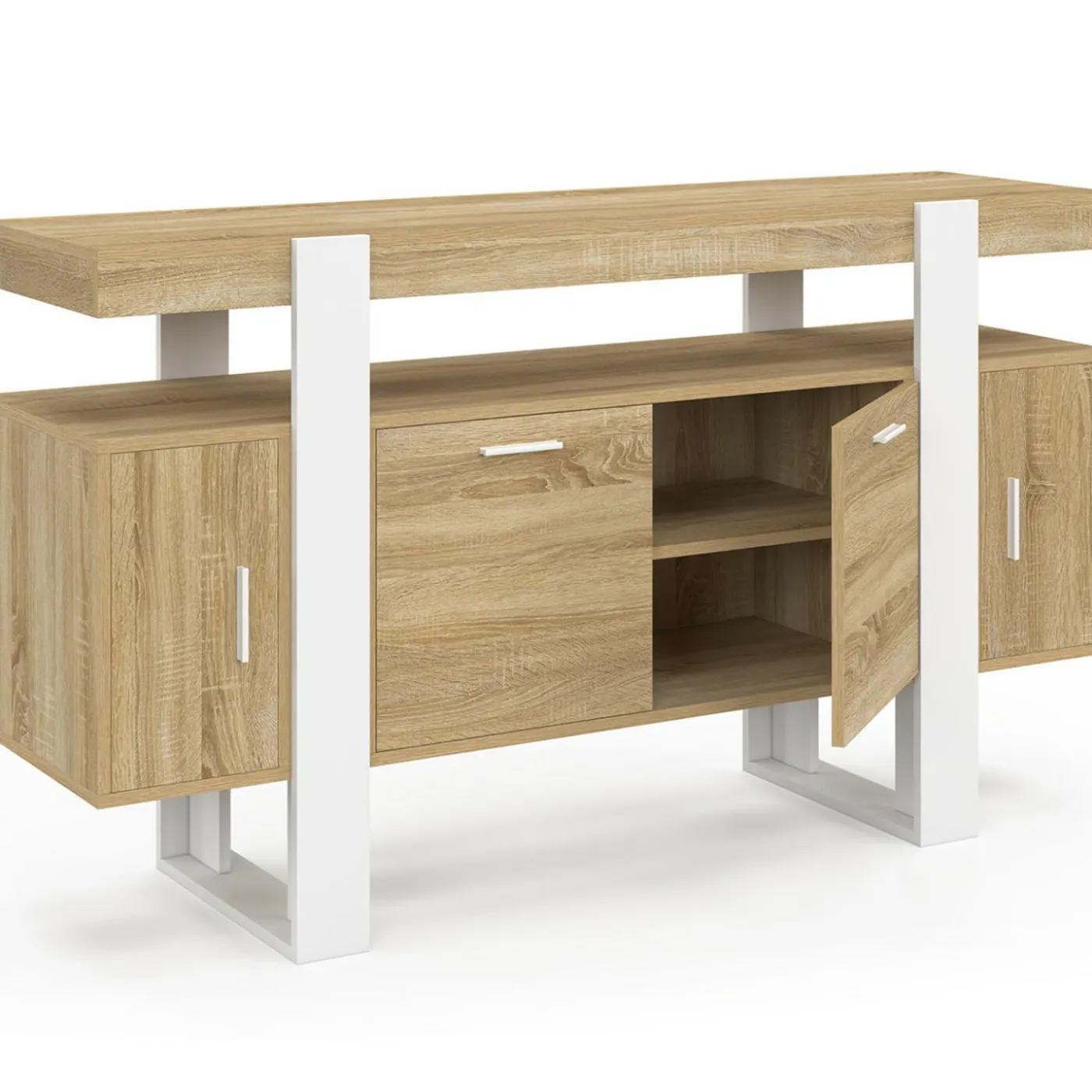 Buffet bois et blanc 4 portes 140 cm