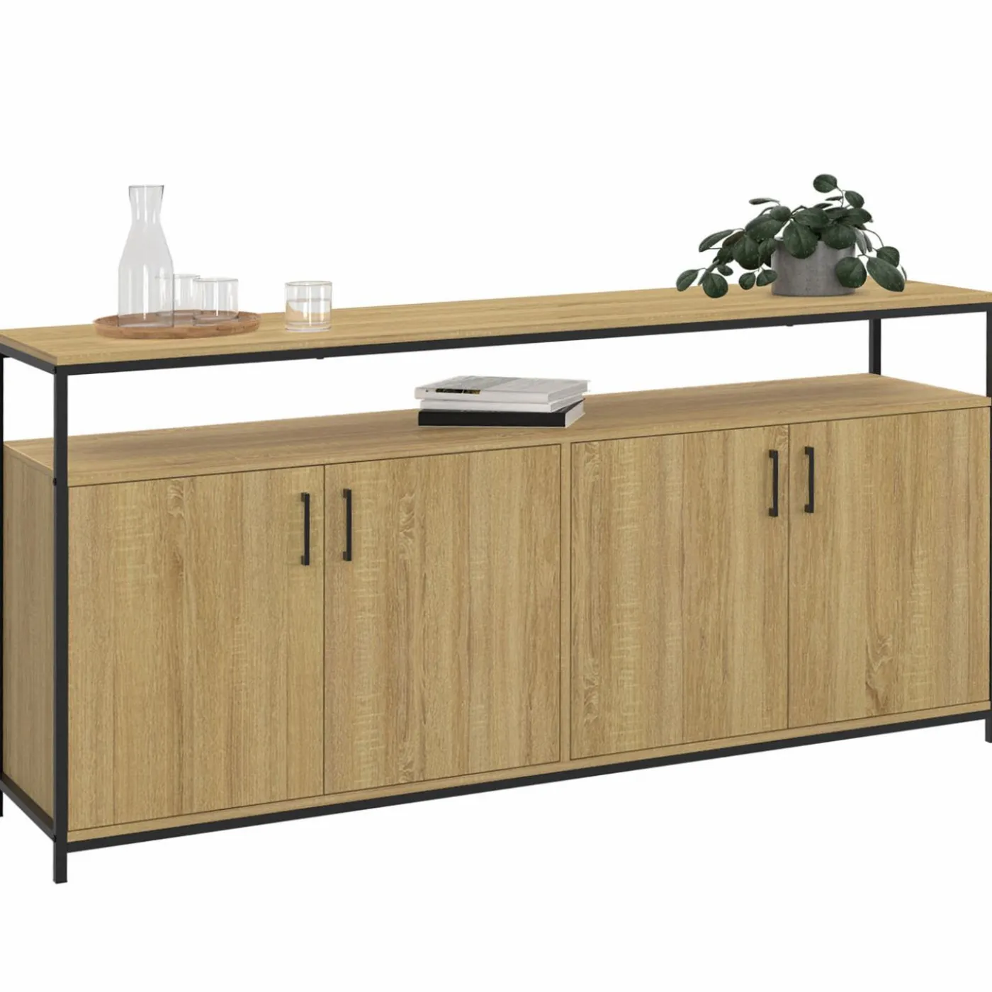 Buffet bois et noir style industriel 160 cm 4 portes