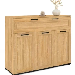 Buffet bois et poignées noires 100 cm avec 3 portes et 1 tiroir