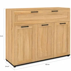 Buffet bois et poignées noires 100 cm avec 3 portes et 1 tiroir