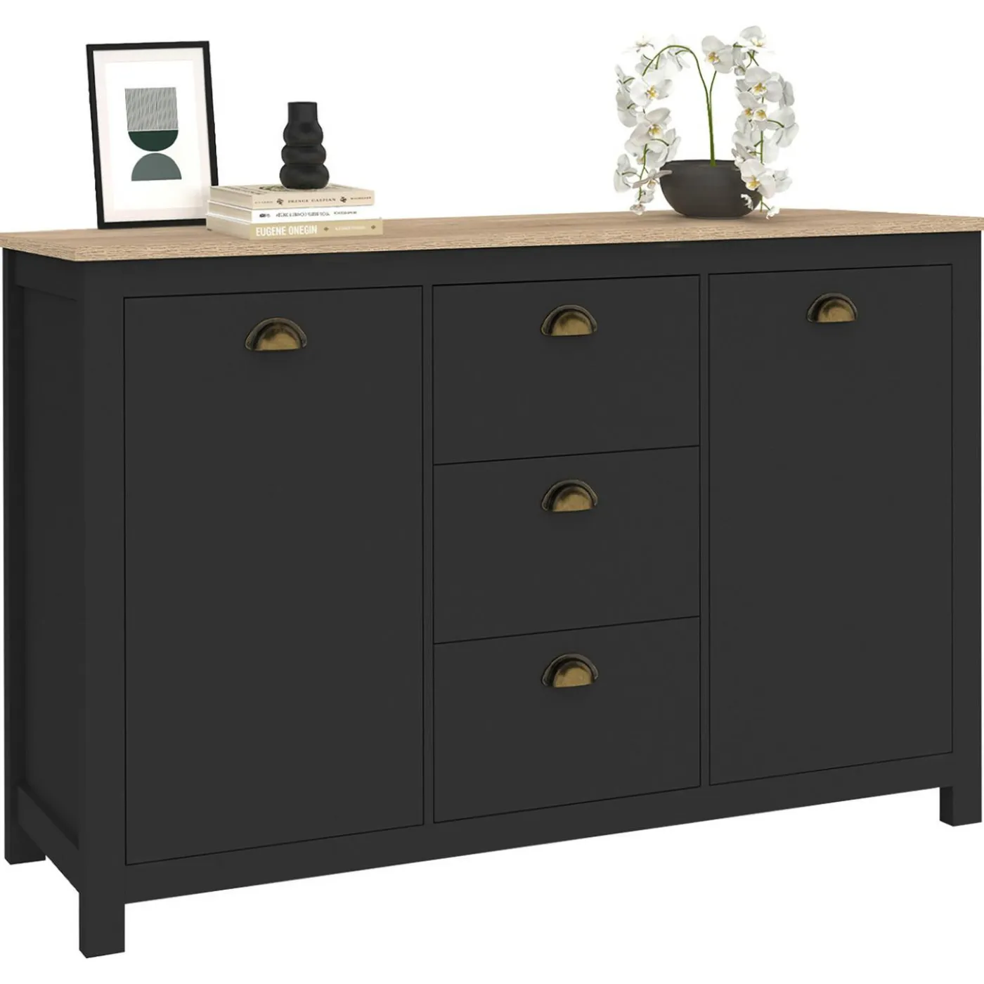 Buffet campagne 130 CM 2 portes 3 tirroirs bois et noir