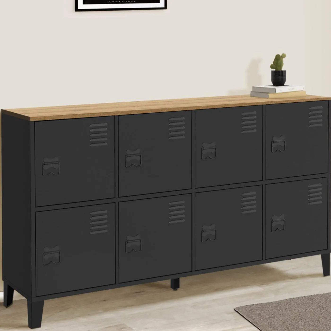 Buffet casier 8 portes en métal noir avec plateau bois 139 cm