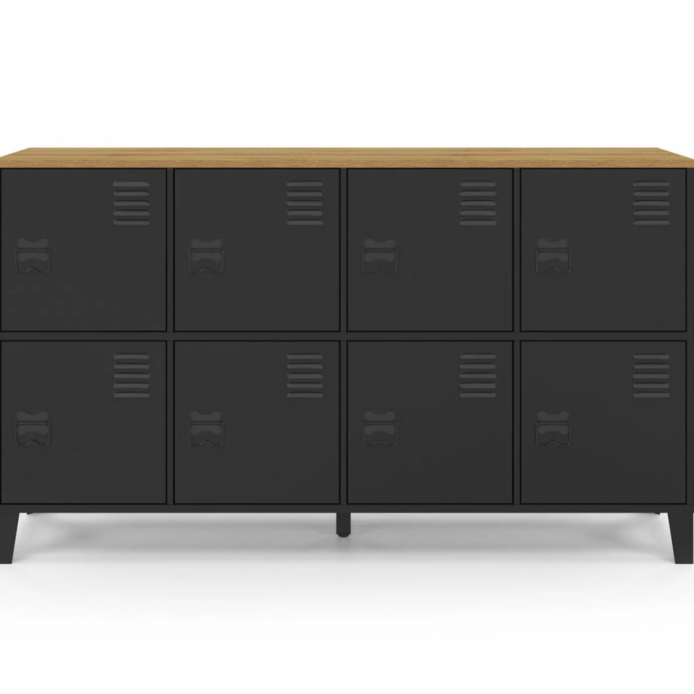 Buffet casier 8 portes en métal noir avec plateau bois 139 cm