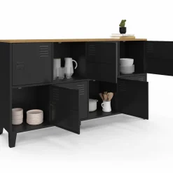 Buffet casier 8 portes en métal noir avec plateau bois 139 cm
