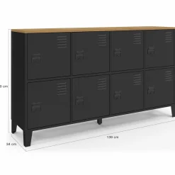 Buffet casier 8 portes en métal noir avec plateau bois 139 cm