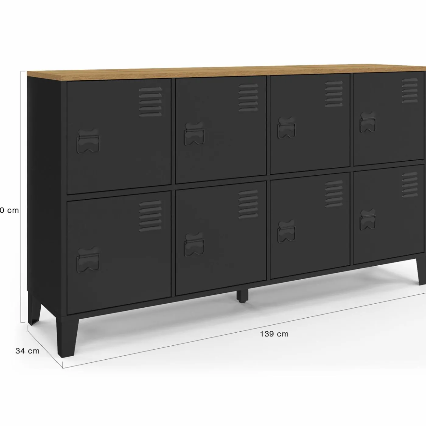 Buffet casier 8 portes en métal noir avec plateau bois 139 cm