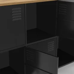 Buffet casier 8 portes en métal noir avec plateau bois 139 cm
