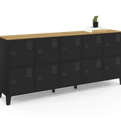 Buffet casier 180cm design industriel 10 portes en métal noir et plateau bois