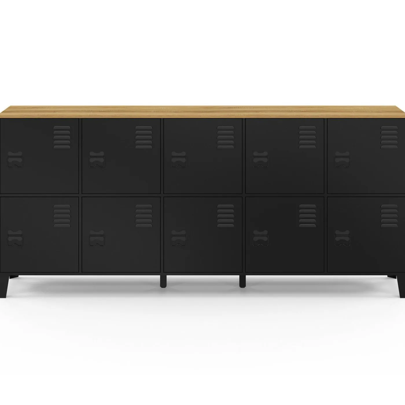 Buffet casier 180cm design industriel 10 portes en métal noir et plateau bois