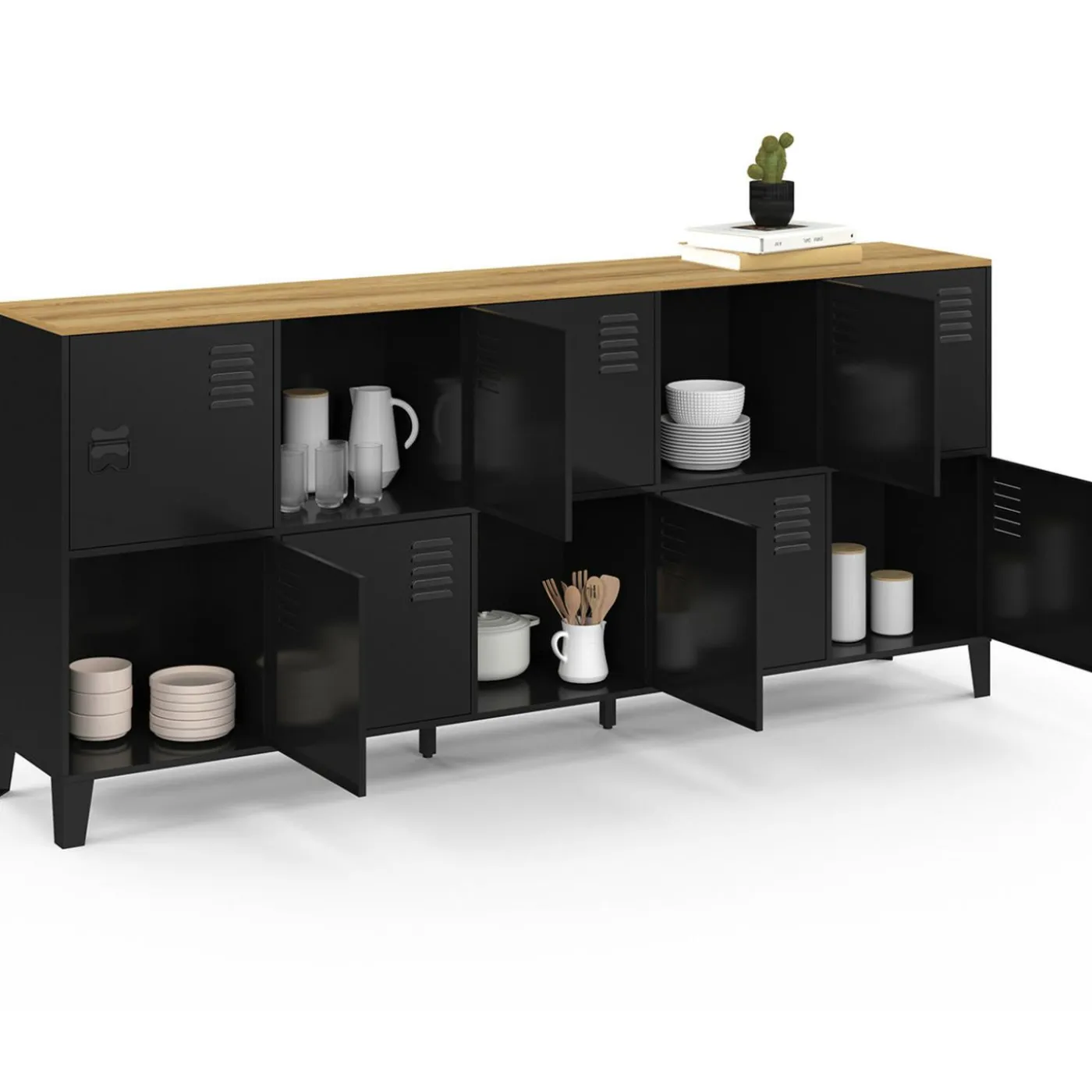 Buffet casier 180cm design industriel 10 portes en métal noir et plateau bois