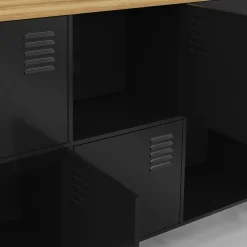 Buffet casier 180cm design industriel 10 portes en métal noir et plateau bois