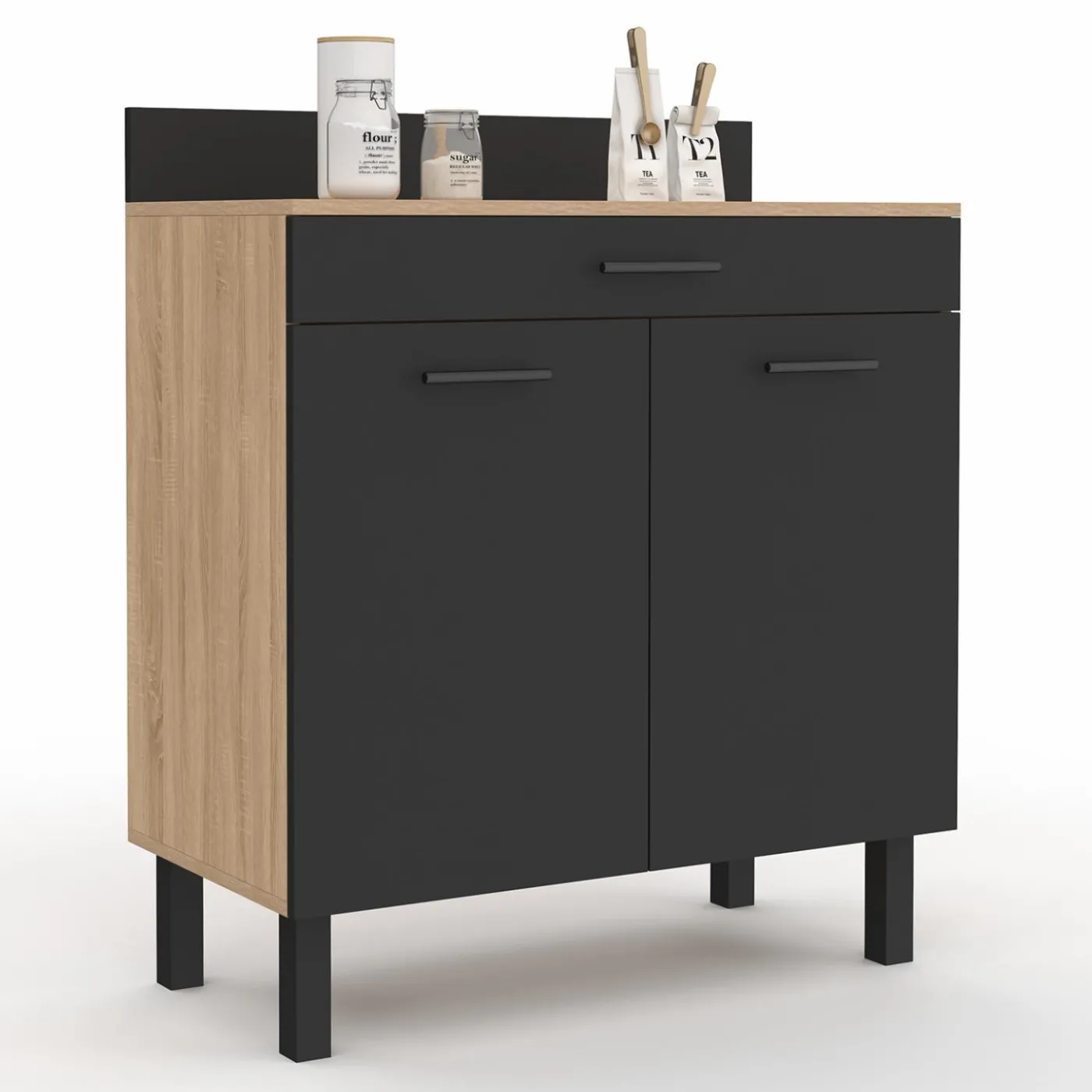 Buffet casserolier de cuisine de 80 cm avec 2 portes, 1 tiroir et un plan de travail façon hêtre