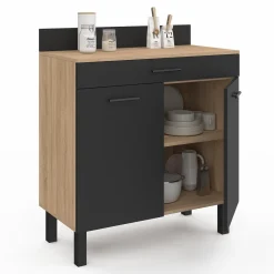 Buffet casserolier de cuisine de 80 cm avec 2 portes, 1 tiroir et un plan de travail façon hêtre