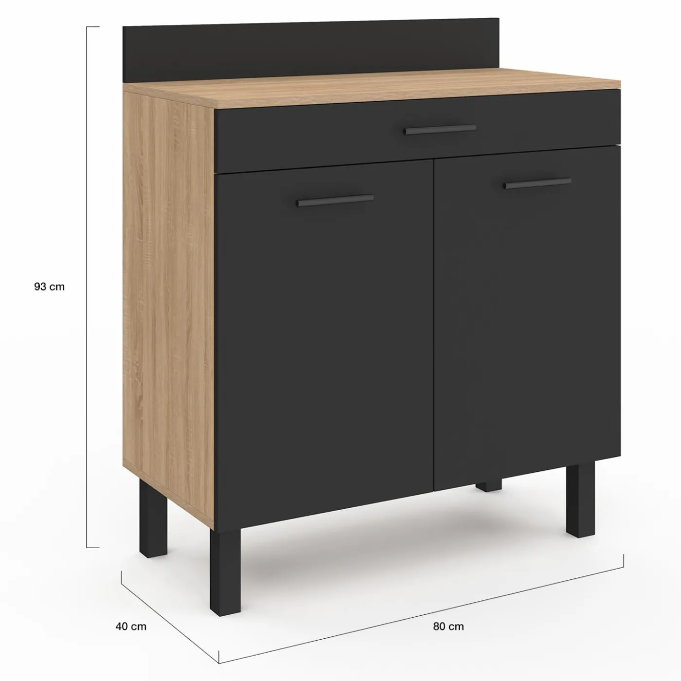 Buffet casserolier de cuisine de 80 cm avec 2 portes, 1 tiroir et un plan de travail façon hêtre