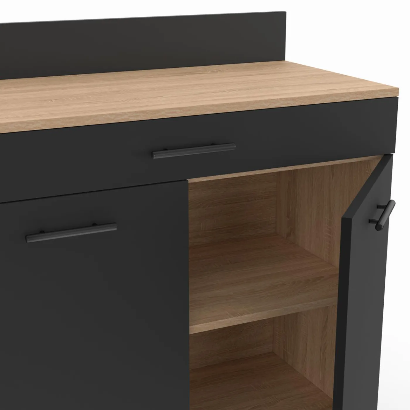 Buffet casserolier de cuisine de 80 cm avec 2 portes, 1 tiroir et un plan de travail façon hêtre