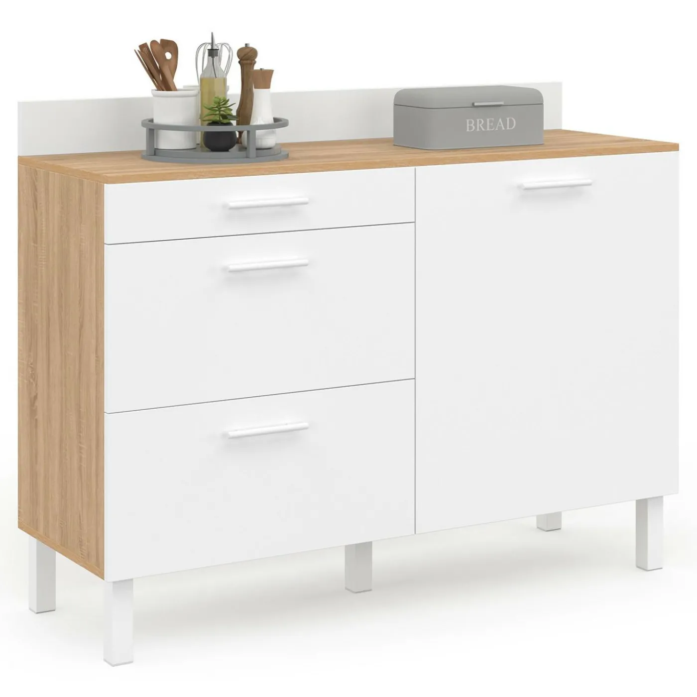 Buffet casserolier de cuisine 120 cm avec 1 porte et 3 tiroirs façon hêtre et blanc
