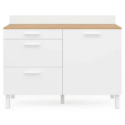 Buffet casserolier de cuisine 120 cm avec 1 porte et 3 tiroirs façon hêtre et blanc