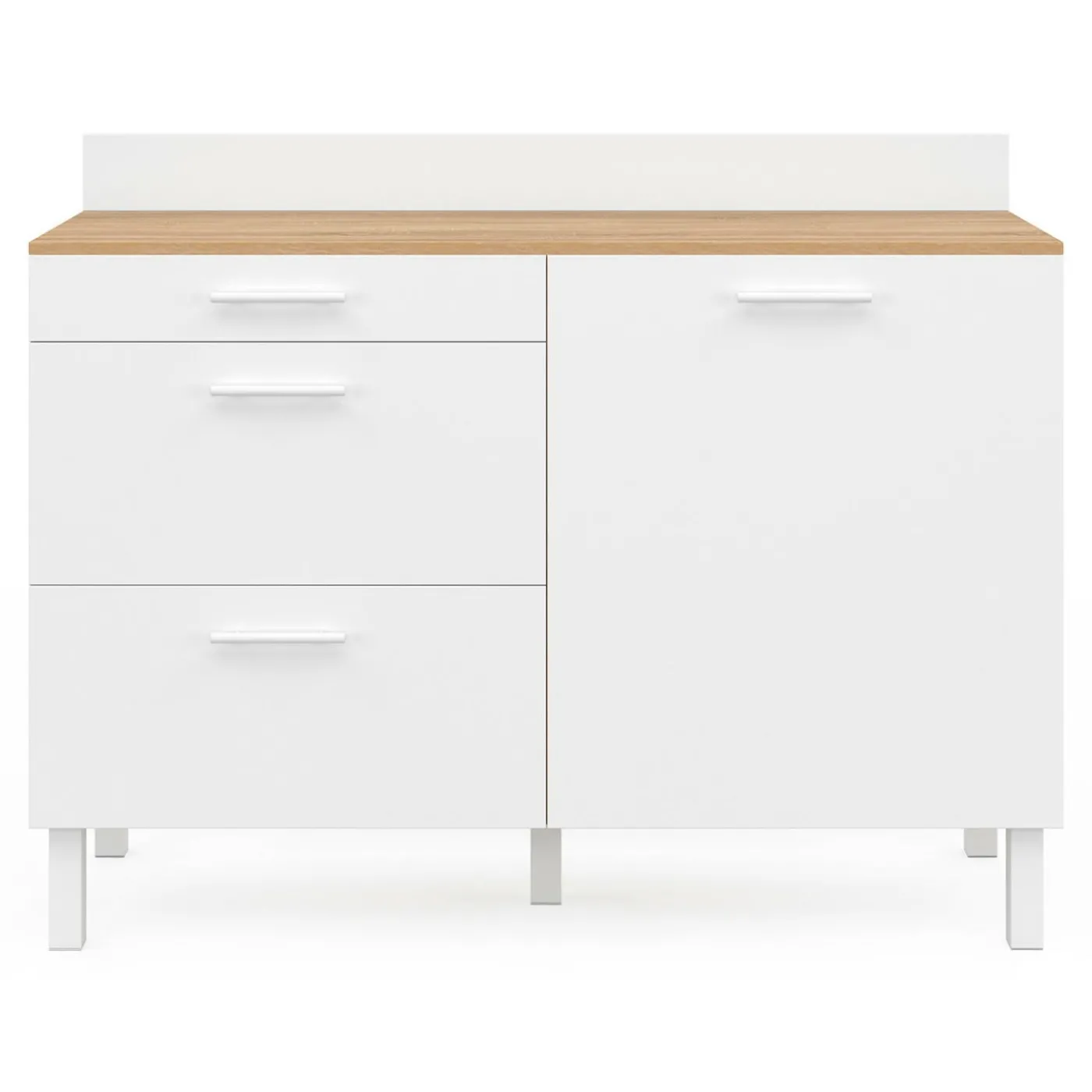 Buffet casserolier de cuisine 120 cm avec 1 porte et 3 tiroirs façon hêtre et blanc