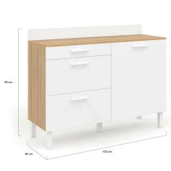 Buffet casserolier de cuisine 120 cm avec 1 porte et 3 tiroirs façon hêtre et blanc