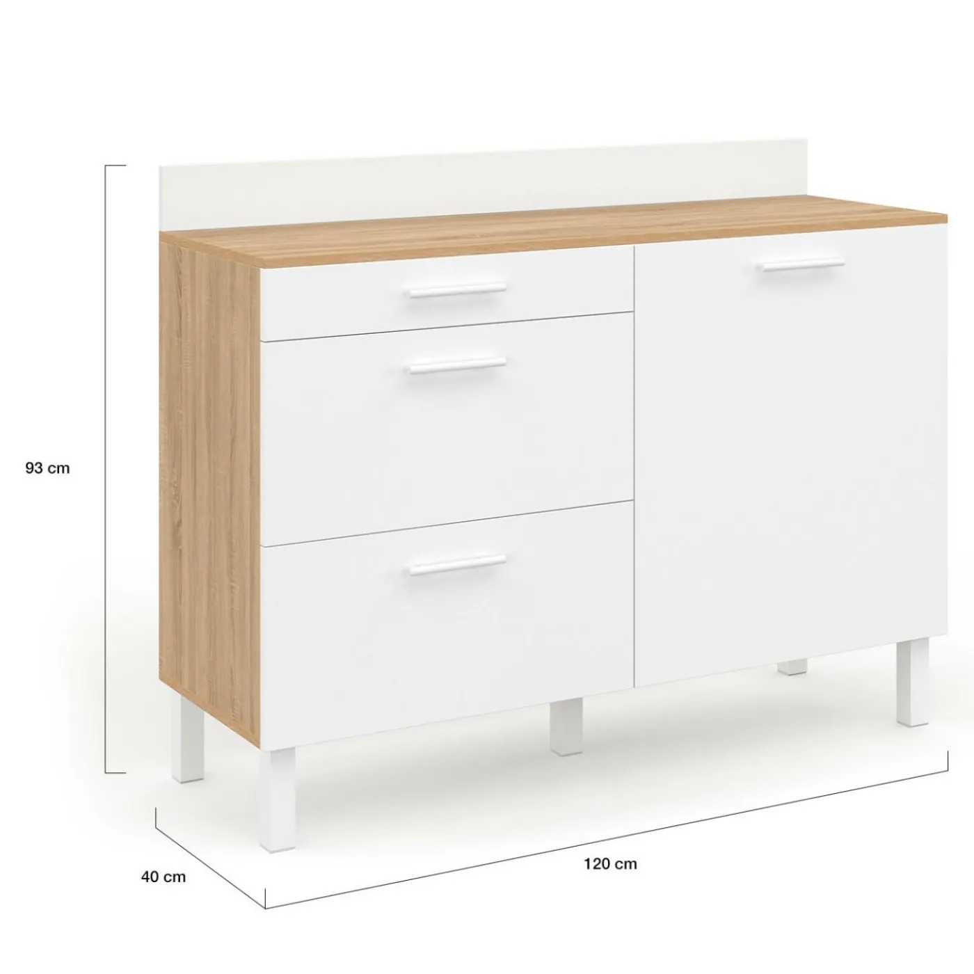 Buffet casserolier de cuisine 120 cm avec 1 porte et 3 tiroirs façon hêtre et blanc