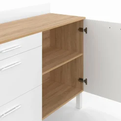 Buffet casserolier de cuisine 120 cm avec 1 porte et 3 tiroirs façon hêtre et blanc