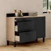 Buffet casserolier de cuisine noir et façon hêtre avec 1 porte et 3 tiroirs