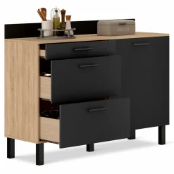 Buffet casserolier de cuisine noir et façon hêtre avec 1 porte et 3 tiroirs