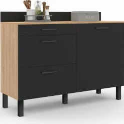 Buffet casserolier de cuisine noir et façon hêtre avec 1 porte et 3 tiroirs
