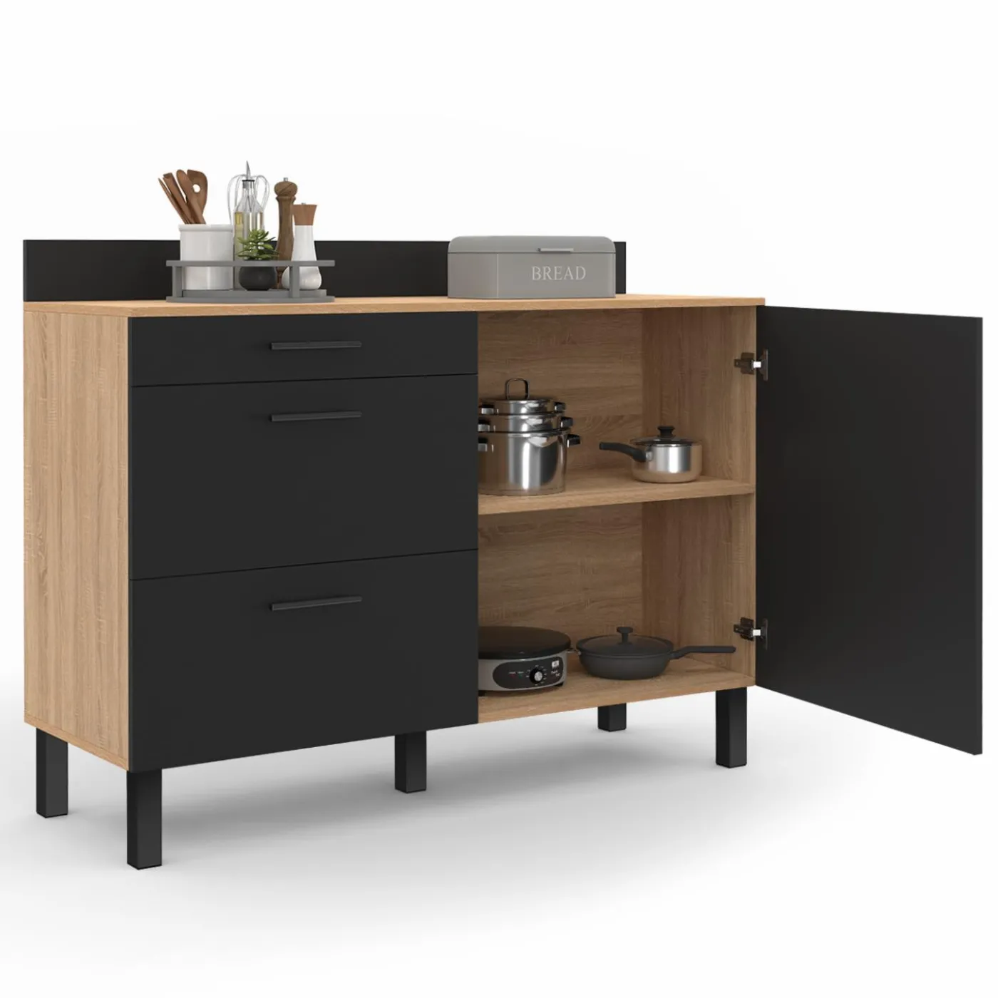 Buffet casserolier de cuisine noir et façon hêtre avec 1 porte et 3 tiroirs