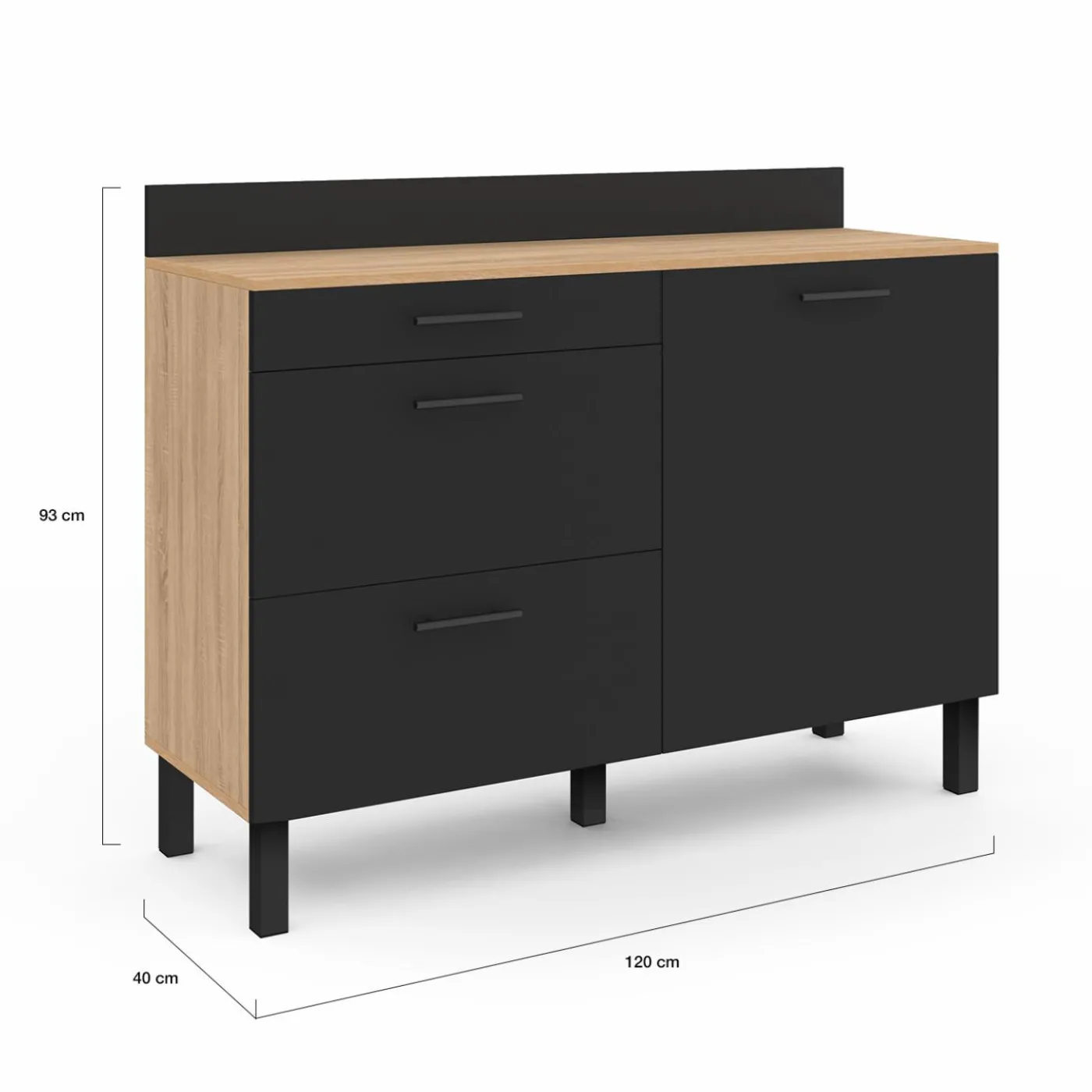 Buffet casserolier de cuisine noir et façon hêtre avec 1 porte et 3 tiroirs