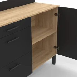 Buffet casserolier de cuisine noir et façon hêtre avec 1 porte et 3 tiroirs