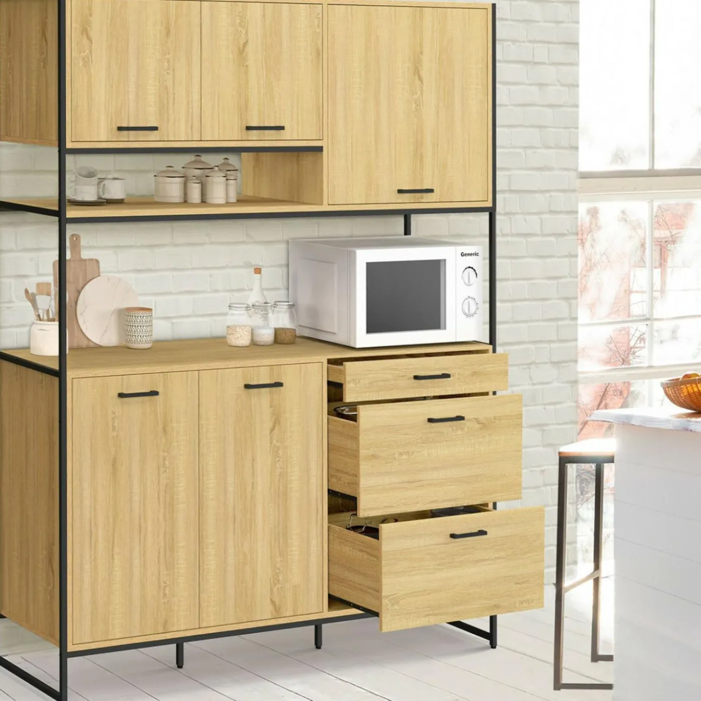 Buffet casserolier de cuisine 140 cm 5 portes + 3 tiroirs design industriel
