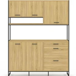Buffet casserolier de cuisine 140 cm 5 portes + 3 tiroirs design industriel