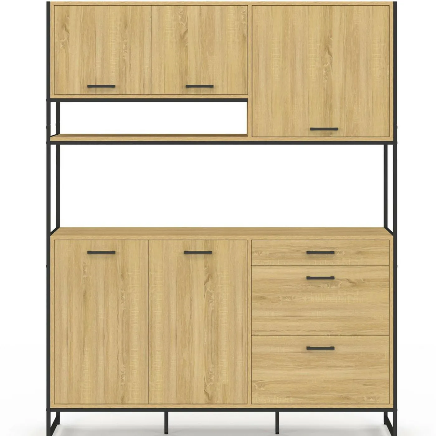 Buffet casserolier de cuisine 140 cm 5 portes + 3 tiroirs design industriel