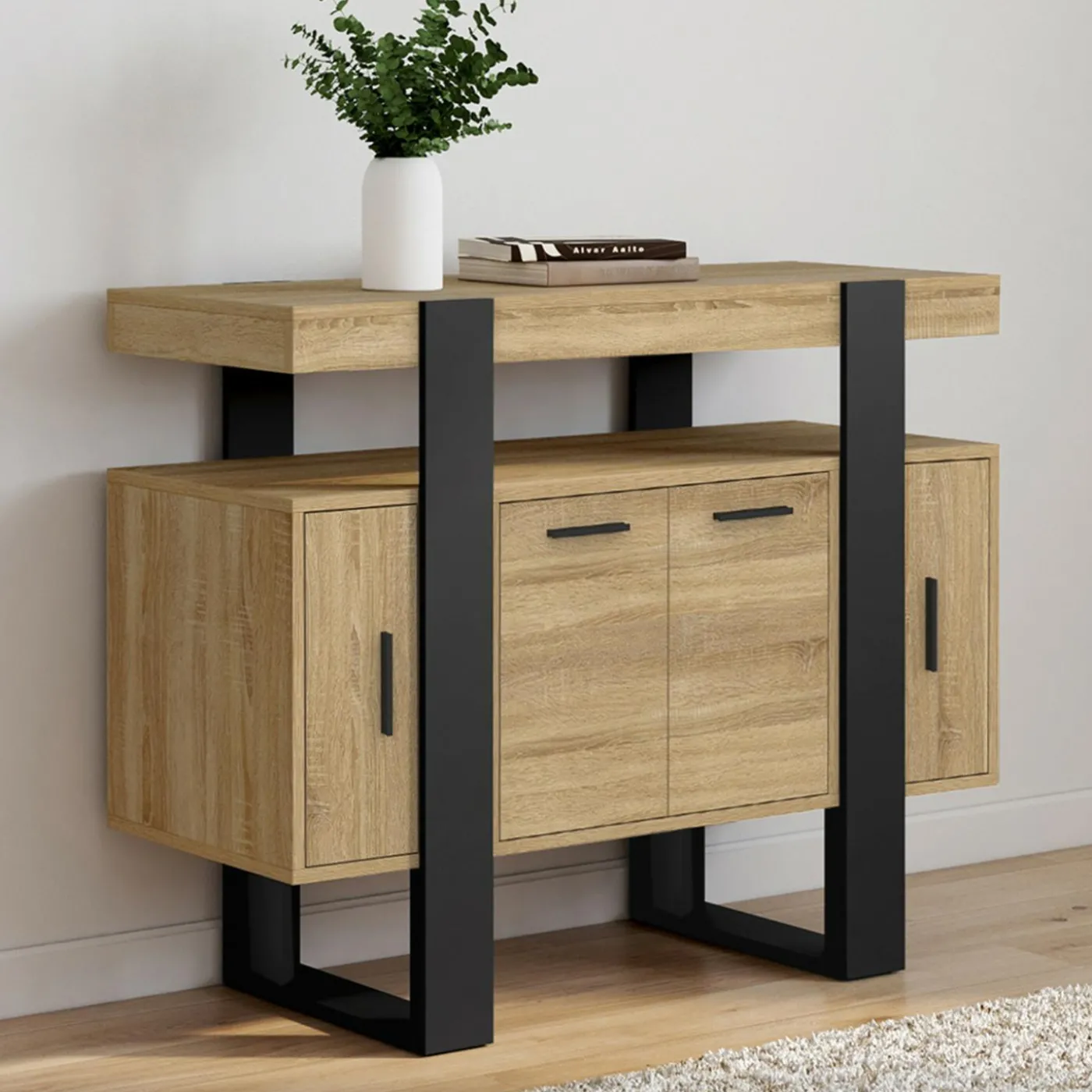 Buffet 100cm 4 portes bois et noir avec étagère