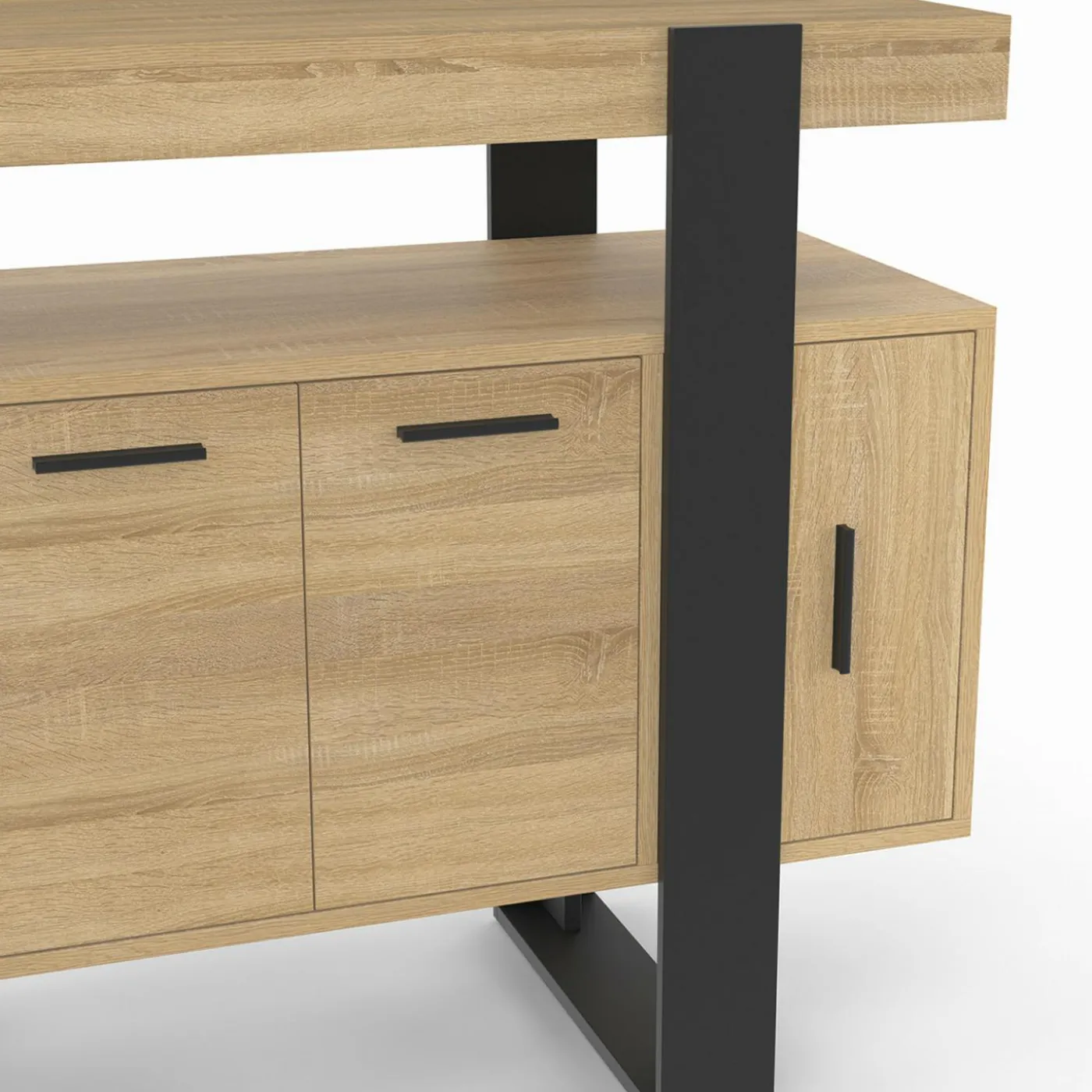 Buffet 100cm 4 portes bois et noir avec étagère
